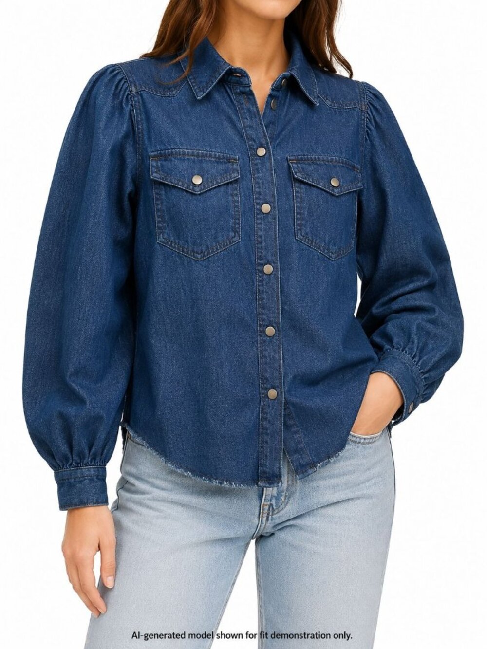 We The Free Women's XS Denim Snap Front Shirt Puff Sleeve Raw Hem Blue Western - Picture 3 of 14
